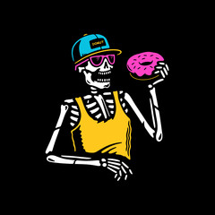 SKELETON EATING DONUT COLOR BLACK BACKGROUND