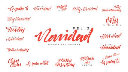 Spanish lettering Feliz Navidad, Felices Navidades, Mis felicitaciones. Merry Christmas and Happy New Year, red text calligraphy © lauritta
