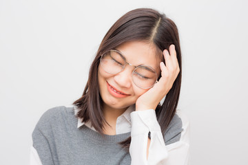 Portrait of unhappy headache asian eye glasses women  feeling strees