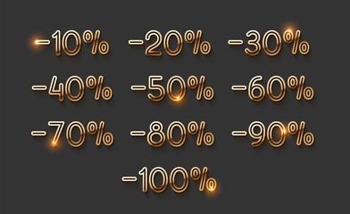 Discounts gold numbers. Elements design sale golden sign. Percentage 10%, 20, 30, 40, 50, 60, 70, 80, 90, 100. From ten to one hundred