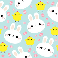 Seamless Pattern. White rabbit bunny face. Chicken, Easter egg. Cute cartoon kawaii funny smiling baby character. Wrapping paper, textile template. Nursery decoration. Blue background. Flat design