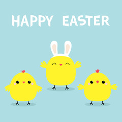 Happy Easter. Chicken bird face head wearing bunny rabbit ears band. Cute cartoon funny kawaii baby character set. Friends forever. Flat design. Greeting card. Blue pastel color background. Vector