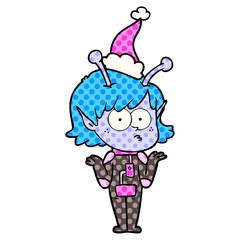 comic book style illustration of a alien girl wearing santa hat