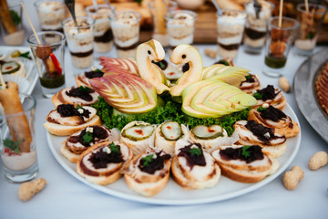 Beautifully decorated catering banquet table set