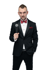 portrait of young man with blank card