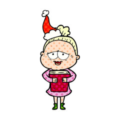 comic book style illustration of a happy old lady wearing santa hat