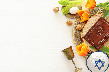 Pesah celebration concept (jewish Passover holiday). Top view, flat lay