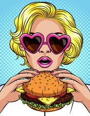 Vector color pop art comic style illustration of a girl eating a cheeseburger. Beautiful business woman holding a big hamburger. Successful young lady with open mouth bites a huge burger