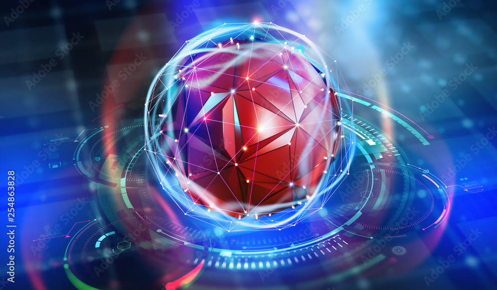Poster Future processor. Quantum CPU in the nanotech computer network. 3d illustration of digital cyberspace with HUD element
