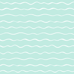 Sea, river waves, wavy winding parallel stripes seamless pattern. Thin hand brush drawn doodle style undulating streaks, lines, bars vector background. Striped abstract texture. White and mint green.