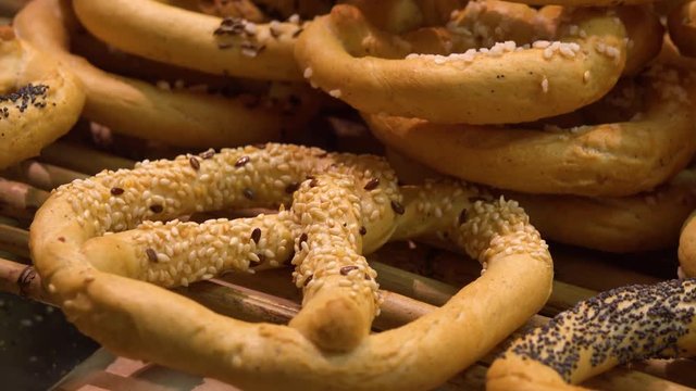 Closeup on pretzels on a shelf in a bakery