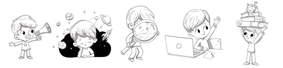 Niños realizando diferentes tareas en blanco y negro