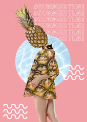 Girl with pineapple head. Contemporary modern art collage. Summer time, holiday, party, sea concept