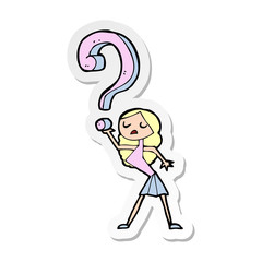 sticker of a cartoon girl with questions