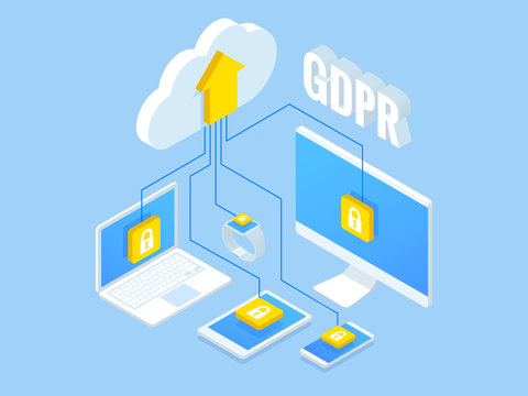 Isometric safety business. General data protection regulation GDPR concept. Idea of data protection. Online safety and privacy. Protection software, finance security