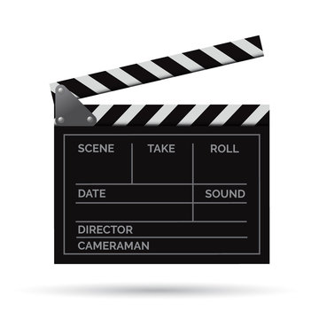Vector realistic movie clapper slapstick with markup front view isolated on white background