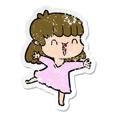 distressed sticker of a cartoon happy girl