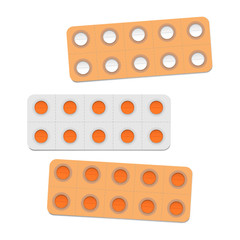 Medical pill blister packages with individual detachable cells, orange color set. Ten medicine tablets per pack, vector template