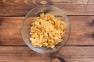 Step-by-step cooking chickpea falafel - step 4 - chopping chickpea, top view, selective focus