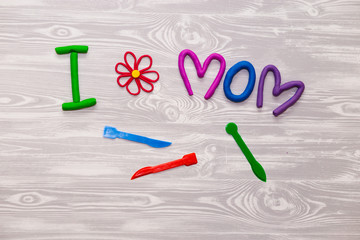 Mothers Day greeting card with plasticine text template. Fun kids handmade craft present for mom. For poster, gift card.