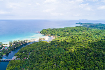 Aerial view of mangrove tropical rainforest with river from mountain to sea
