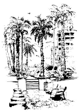 vector Downtown with street and buildings of Miami City in Florida. ink splash with hand drawn sketch illustration in. retro silhouettes of palm trees.