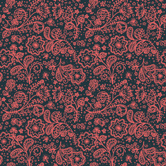 vector coral  pattern on dark background with line hand drawn fantastic flowers and leaves. Template of textile or box design in doodle style.