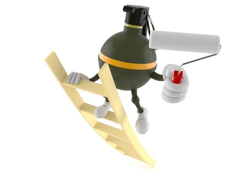 Hand grenade character on ladder holding roller paint