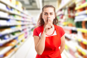 Woman working at hypermarket making shush gesture.