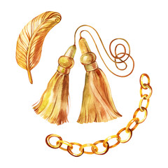 Golden chain belt sketch fashion glamour illustration in a watercolor style background. Clothes accessories set trendy vogue outfit. Watercolour drawing fashion aquarelle. Isolated belt element