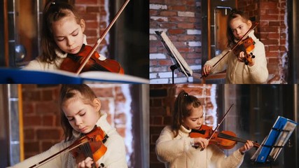 4 in 1. A little girl in white sweater playing violin by notes