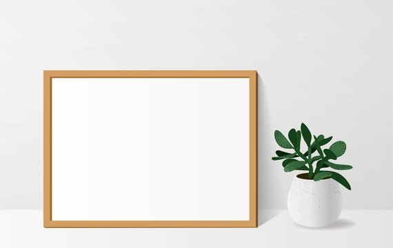 Poster mock up with empty wooden frame and crassula plant. Vector realistic illustration