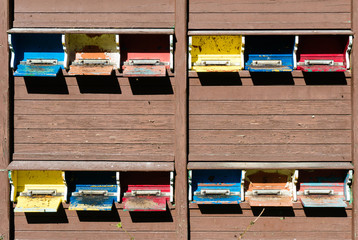 detail of a bee house with many colorful stocked bee hives