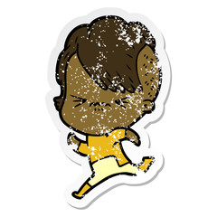 distressed sticker of a cartoon annoyed hipster girl