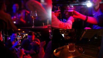 4 in 1: Bar with neon lighting. Company of friends drinking beer.