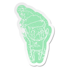 cartoon distressed sticker of a man crying wearing santa hat