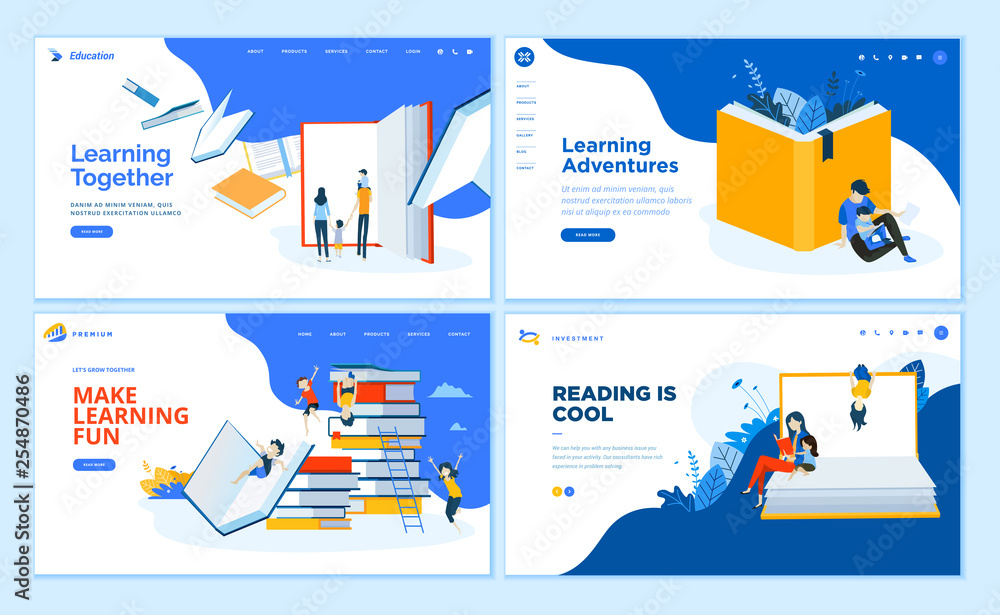 Wall mural set of flat design web page templates of school, e-learning, book store, educated services. modern v