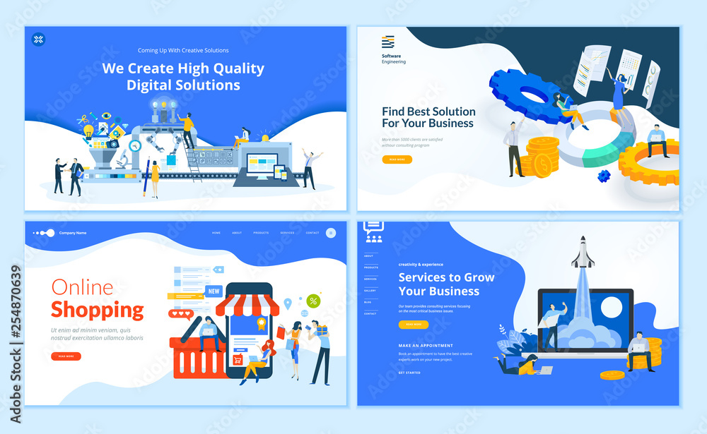 Poster set of flat design web page templates of web development, business apps and solutions, startup, onli