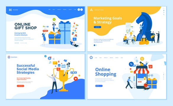 Set of flat design web page templates of e-commerce, marketing, business strategy, social media. Modern vector illustration concepts for website and mobile website development. 