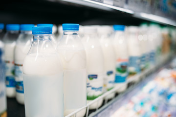 Row of milk bottles in fridge, food store, nobody