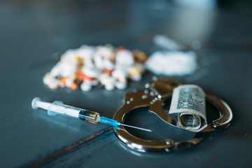 Druggy kit, dose path, addiction problem concept