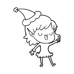 line drawing of a elf girl wearing santa hat