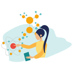 A young woman scientist working in the laboratory. Molecule and atoms. Science abstract colorful composition poster with young researcher. Vector creative illustration in a flat cartoon style.