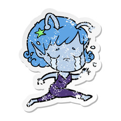 distressed sticker of a cartoon crying alien girl