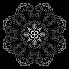 Decorative Elements With Mandala Ornament. Ornamental Floral, Oriental Pattern. Vector Illustration. Indian, Moroccan, Mystic, Ottoman Motifs. Anti-Stress Therapy Pattern. Black, silver color