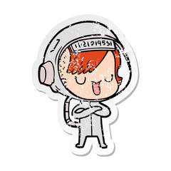 distressed sticker of a cartoon astronaut woman