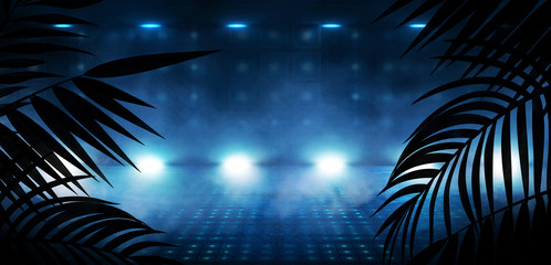 Background of the dark room, tunnel, corridor, neon light, lamps, tropical leaves. Abstract background with new light.