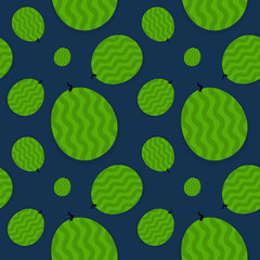 Seamless pattern of striped watermelons on a dark blue background. Vector illustration.