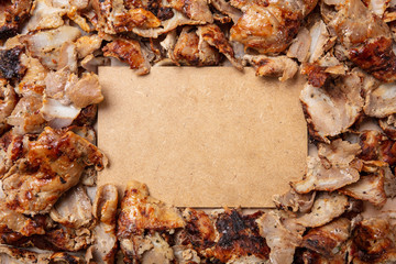 Shawarma, gyros, traditional turkish, greek meat food, background. Blank paper label, copy space