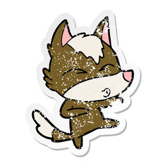 distressed sticker of a cartoon wolf whistling